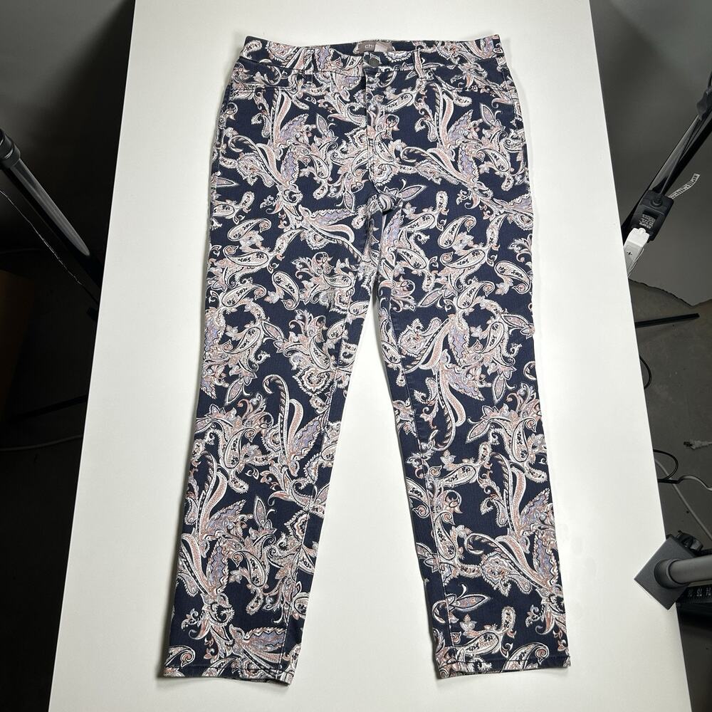 Chico’s High Rise Ankle Pants Womens 30x25.5 Paisley Stretch Navy Blue